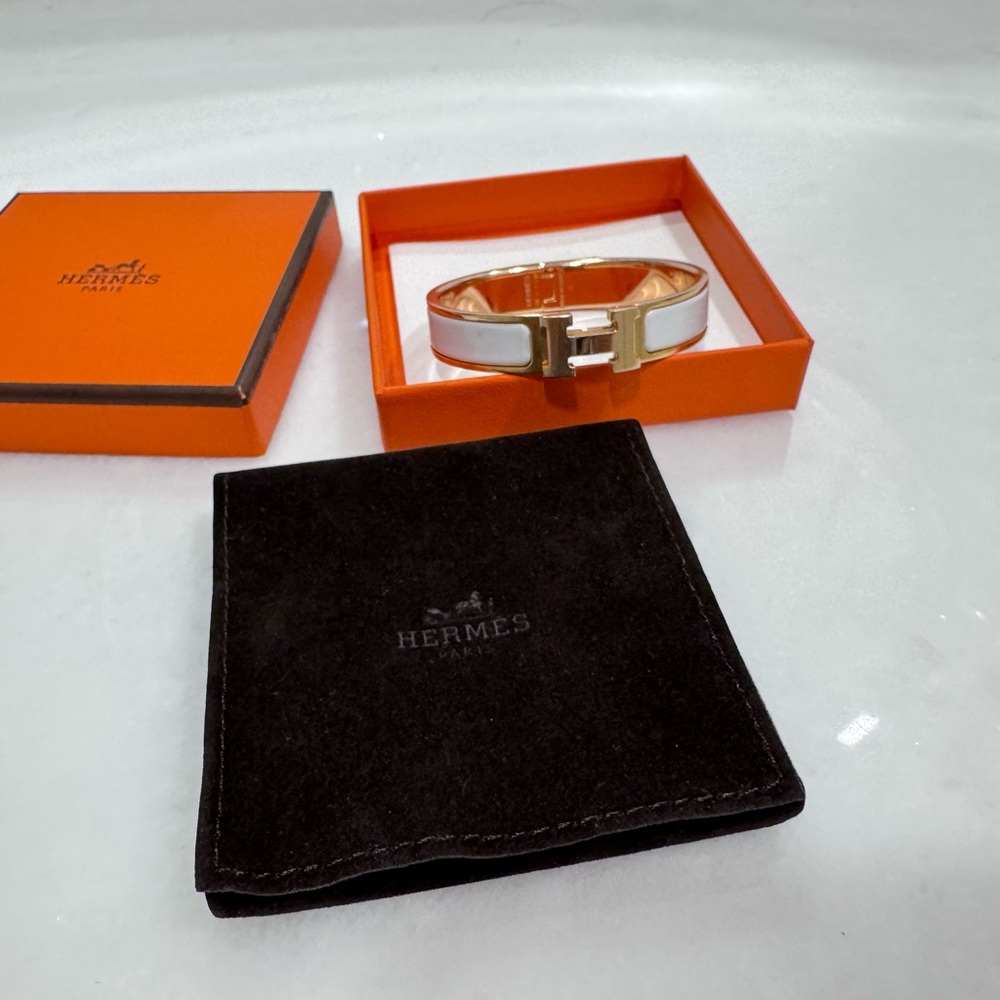 Hermès Gold and White Enamel Bangle Cuff